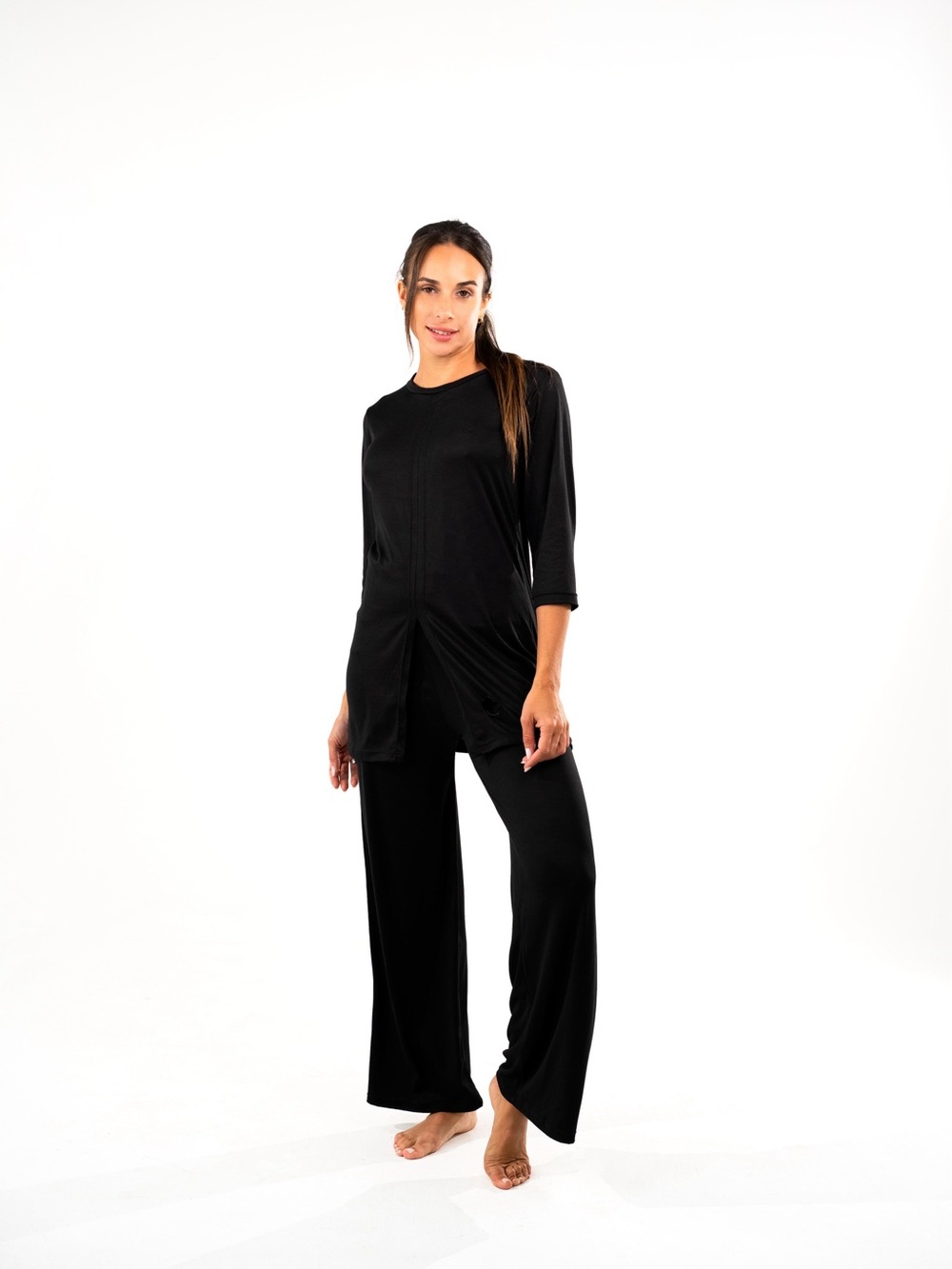 Black Two-Piece Lounge Set - Relaxed Top & Wide Leg Pants